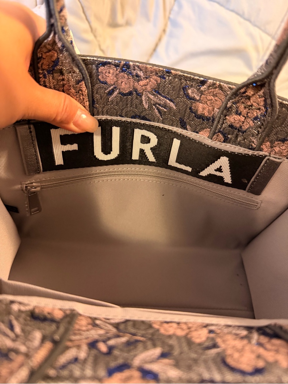Furla Floral Jacquard Satchel in Blue and Pink - Picture 3 of 9